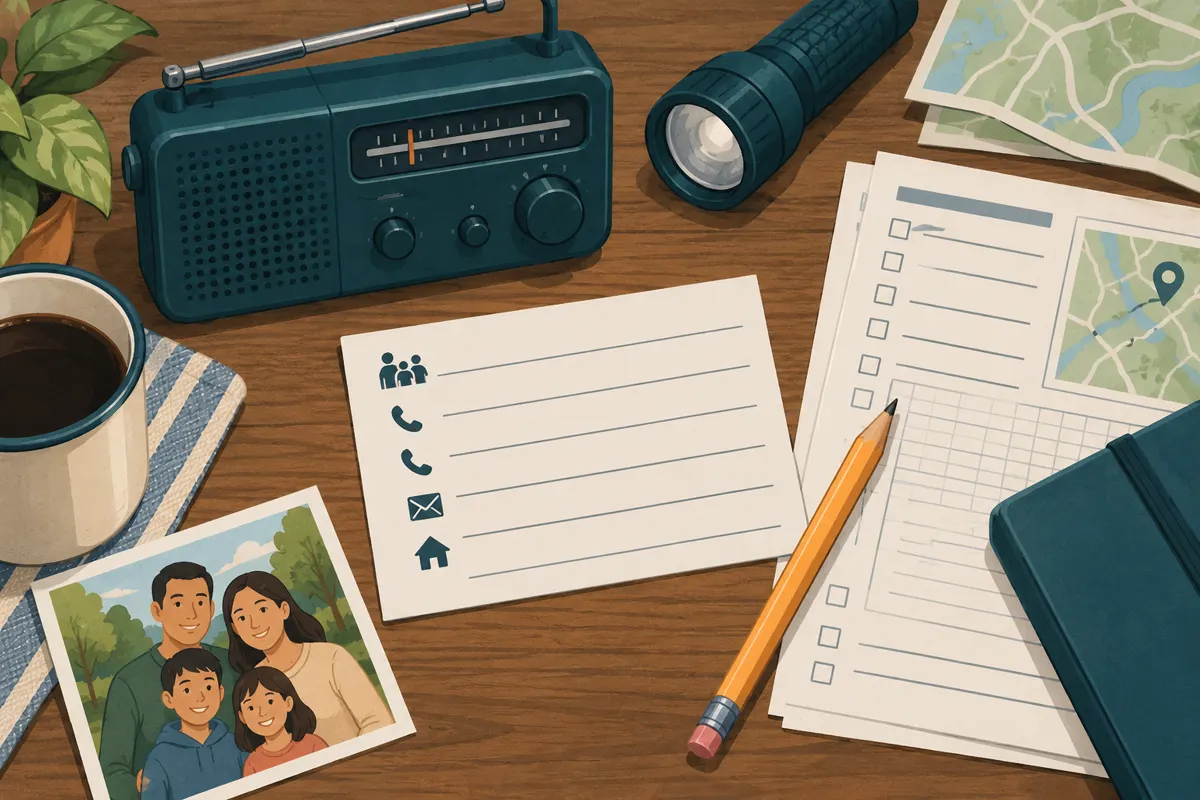 A family contact card beside a battery radio