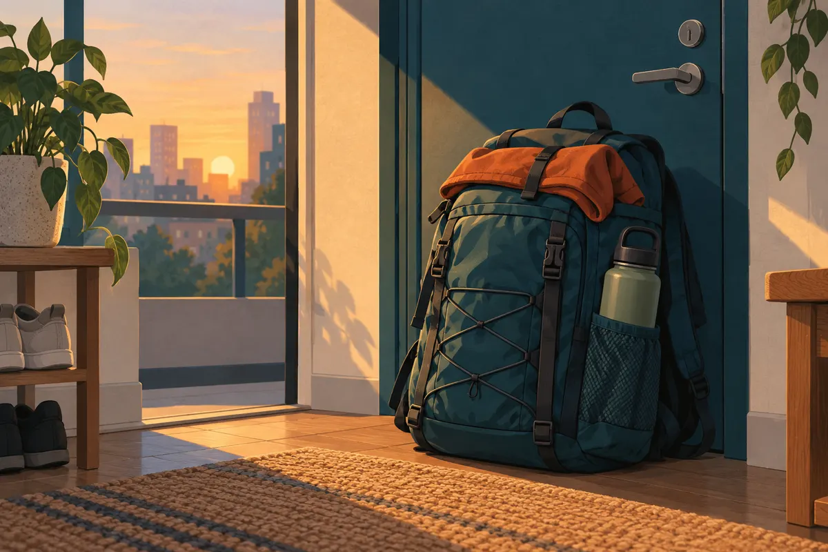 A packed backpack ready by an apartment door