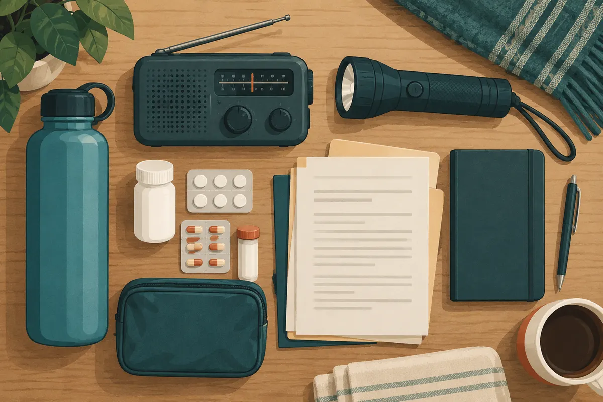 Water, radio, torch, documents and medicines arranged for a kit
