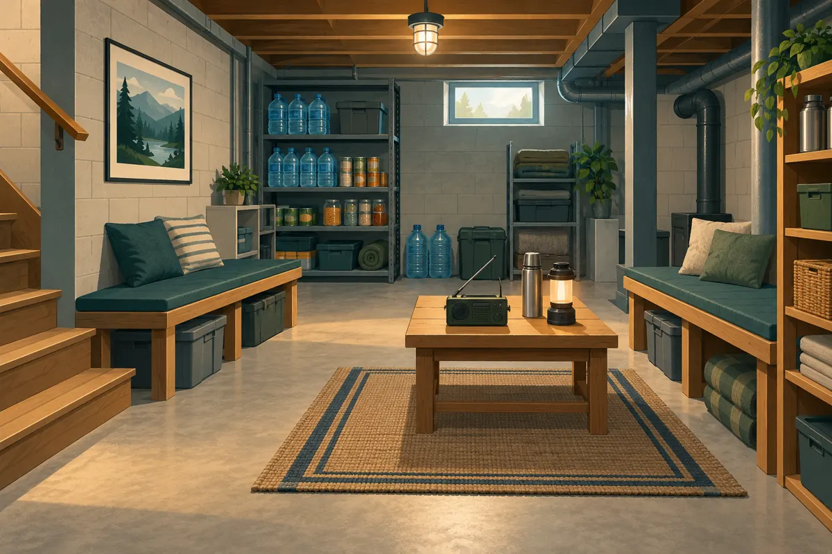 A calm lit shelter interior with benches